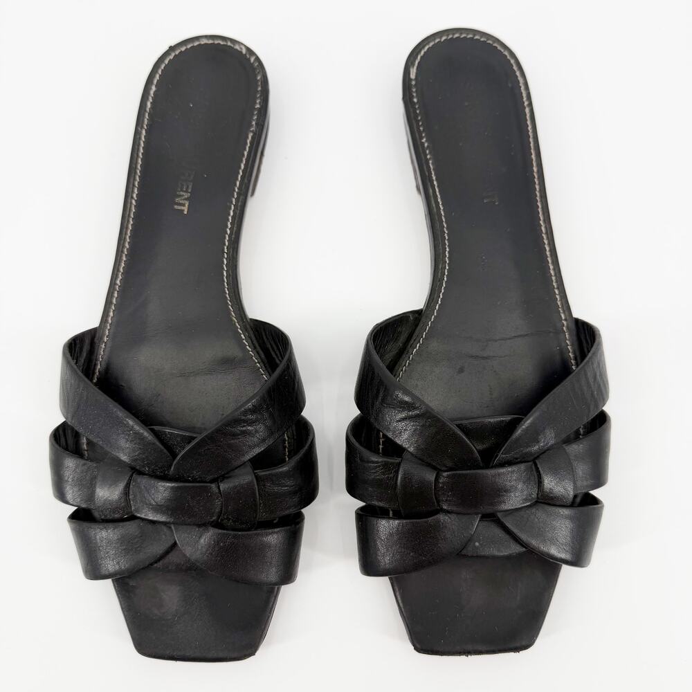 Saint Laurent Sandals Tribute Flat Woven Leather Black Slide Size 37.5 YSL Paris